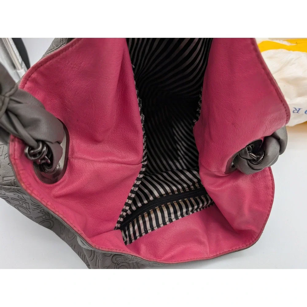 Fox Racing Grey Embossed Logo Hobo Bag Pink Interior Braided Chain Strap Womens